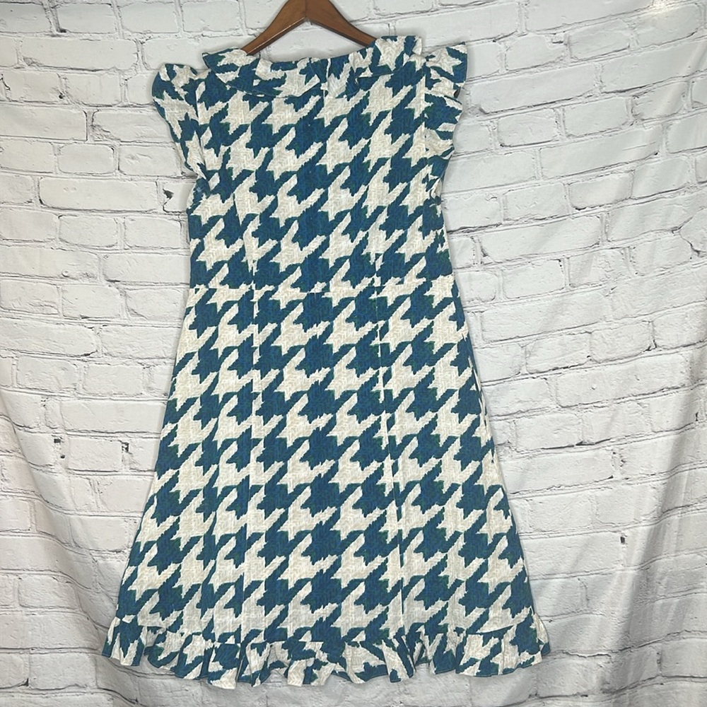 Coach Teal Blue Cream Houndstooth Ruffle Dress Size 2 Brand New W/Tags - Picture 2 of 16